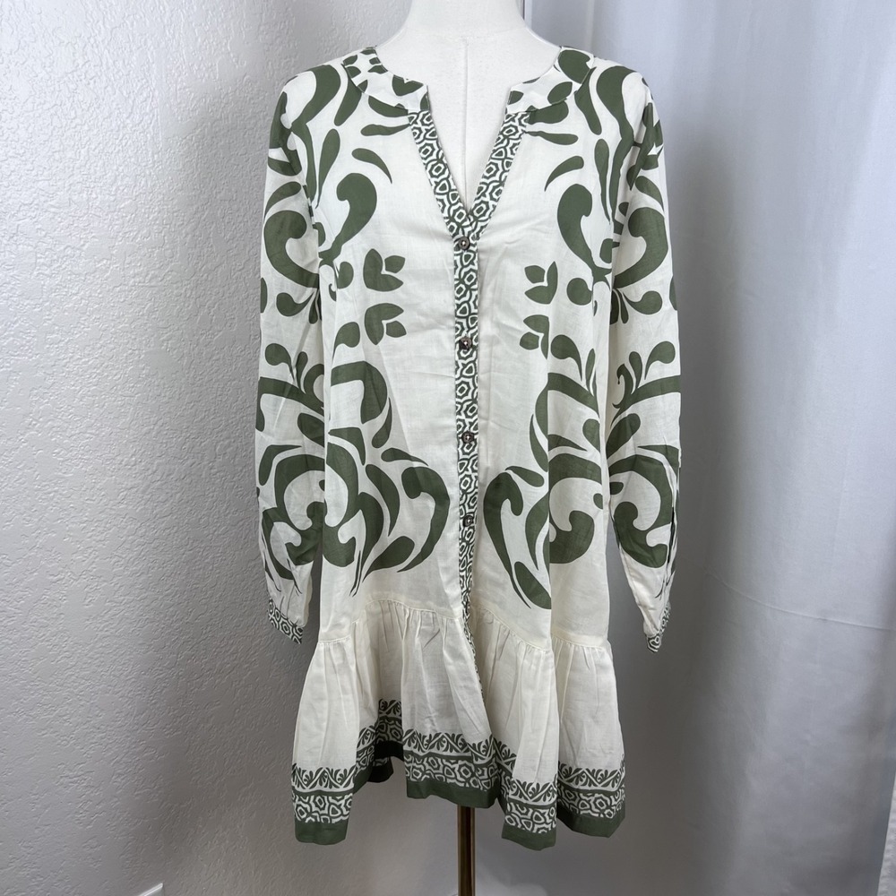 Susan Graver Top Womens Large Green White Floral Cotton Duster Ruffle Hem Boho